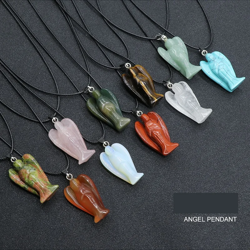 Handmade Craved Gemstone Angel Necklace for Women men 18" Black Cord  1.5Inch Crystal Angel Pendant