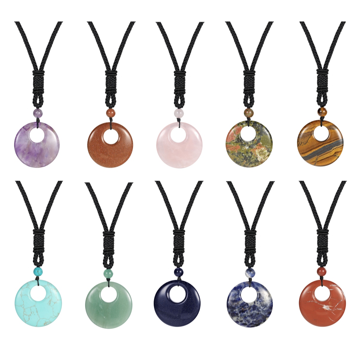 30MM Circle Donut Healing Crystals Necklace Amulet Lucky Charm Pendant Healing Crystals Adjustable Braided Rope 