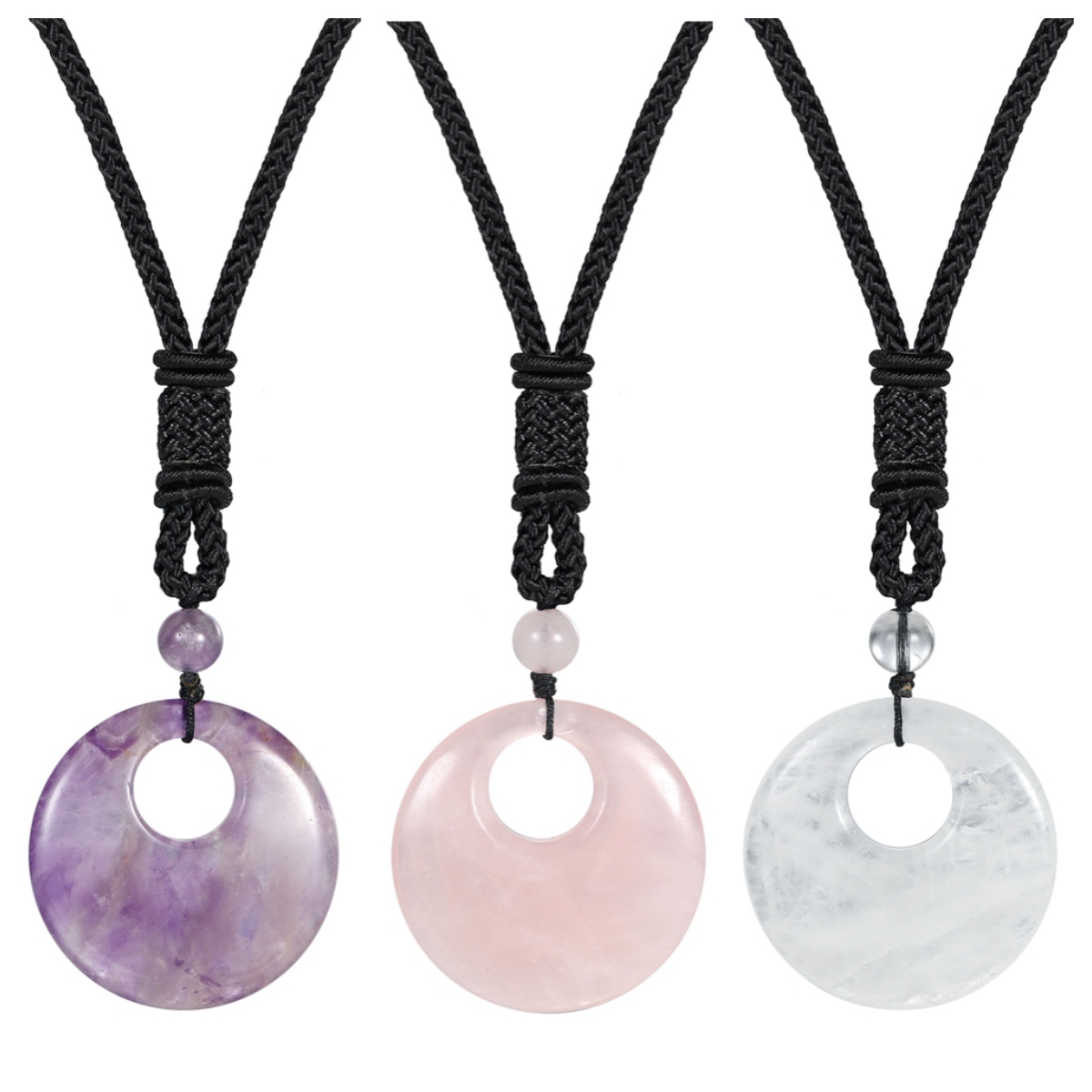 30MM Circle Donut Healing Crystals Necklace Amulet Lucky Charm Pendant Healing Crystals Adjustable Braided Rope 