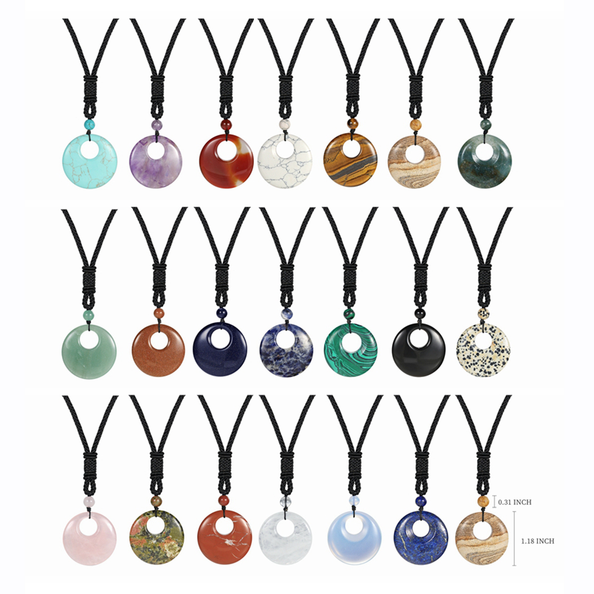 40MM Healing Crystals Necklace Natural Stone Chakra Gemstone Amulet Lucky Coin Donuts Charm Reiki Necklace for Men Women