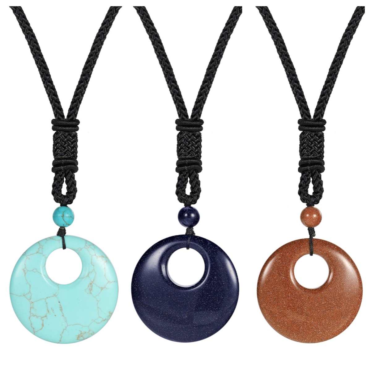 30MM Circle Donut Healing Crystals Necklace Amulet Lucky Charm Pendant Healing Crystals Adjustable Braided Rope 