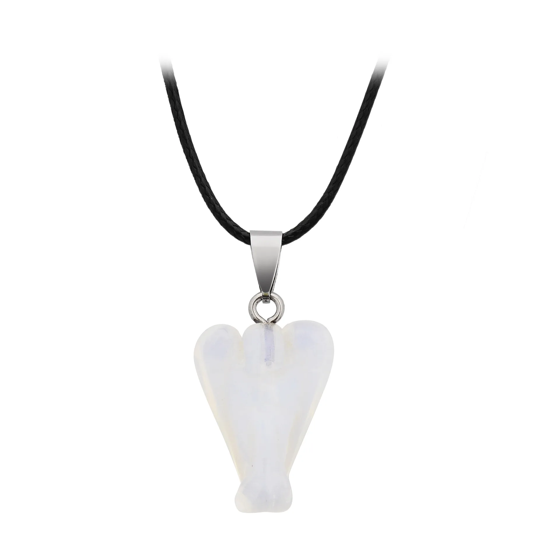 Handmade Craved Gemstone Angel Necklace for Women men 18" Black Cord  1.5Inch Crystal Angel Pendant