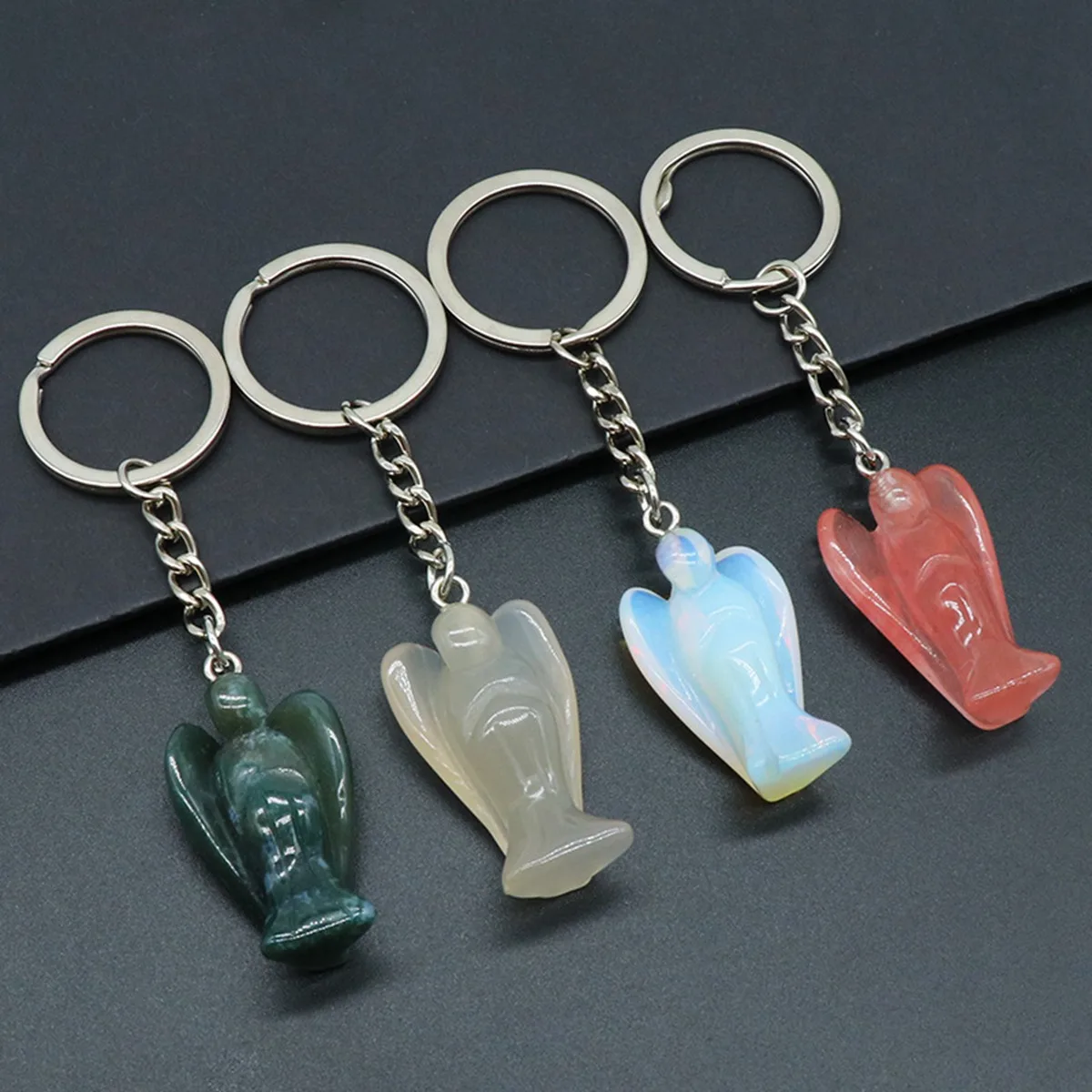 Handmade Craved Gemstone Angel Pendant Keychain  1.5Inch Stone