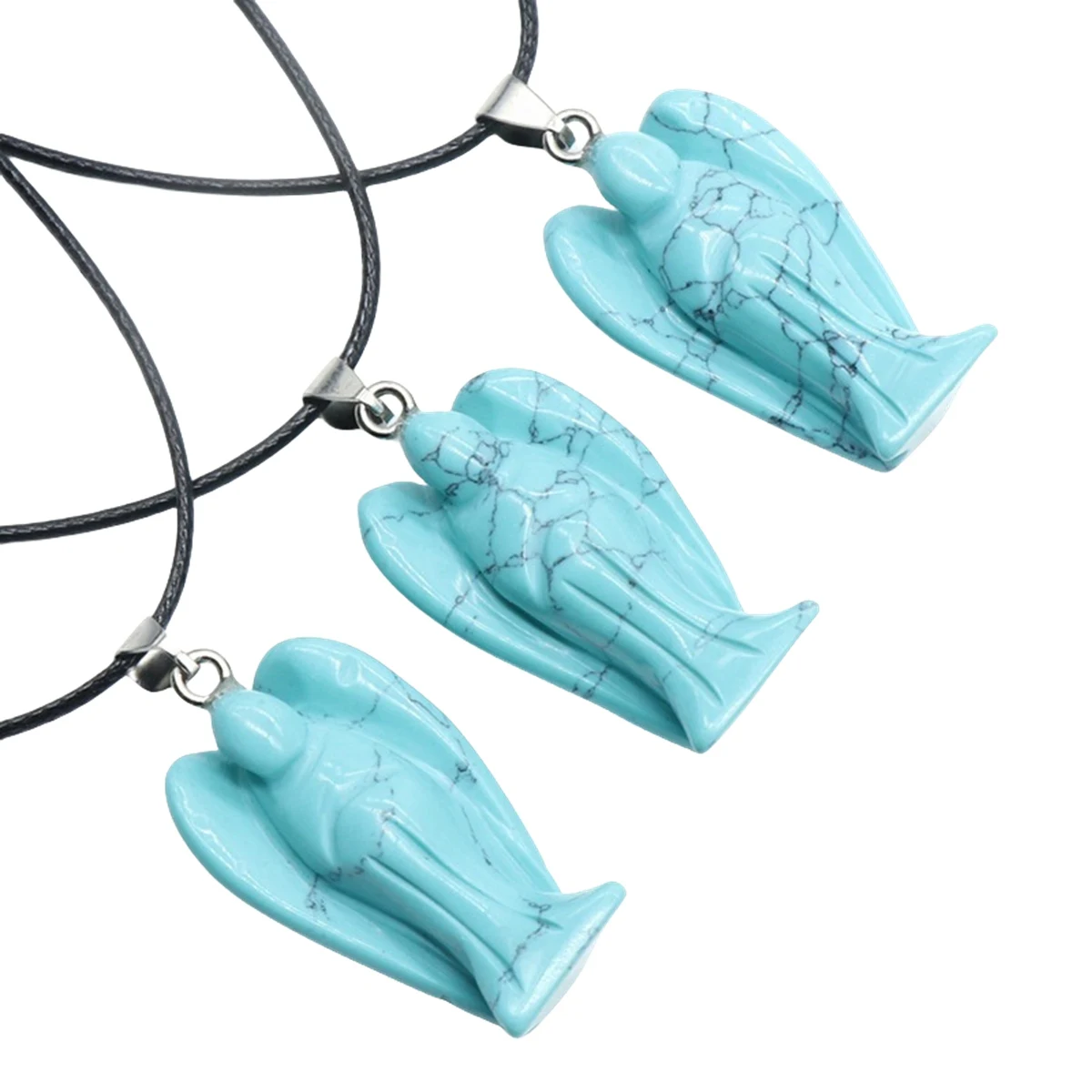 Handmade Craved Gemstone Angel Necklace for Women men 18" Black Cord  1.5Inch Crystal Angel Pendant