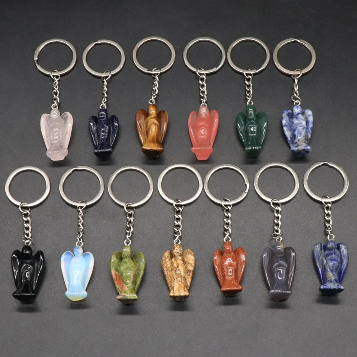 Handmade Craved Gemstone Angel Pendant Keychain  1.5Inch Stone