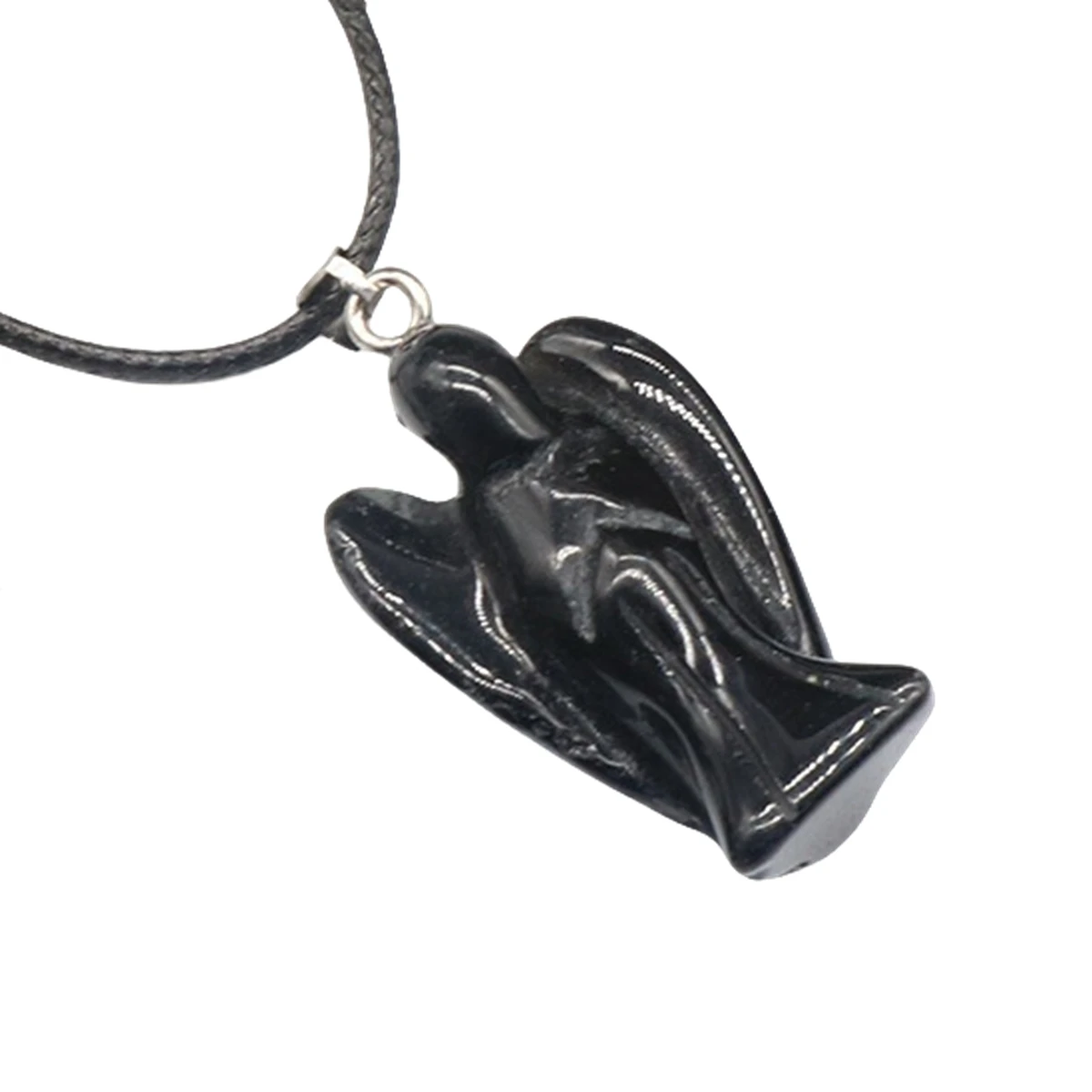 Handmade Craved Gemstone Angel Necklace for Women men 18" Black Cord  1.5Inch Crystal Angel Pendant