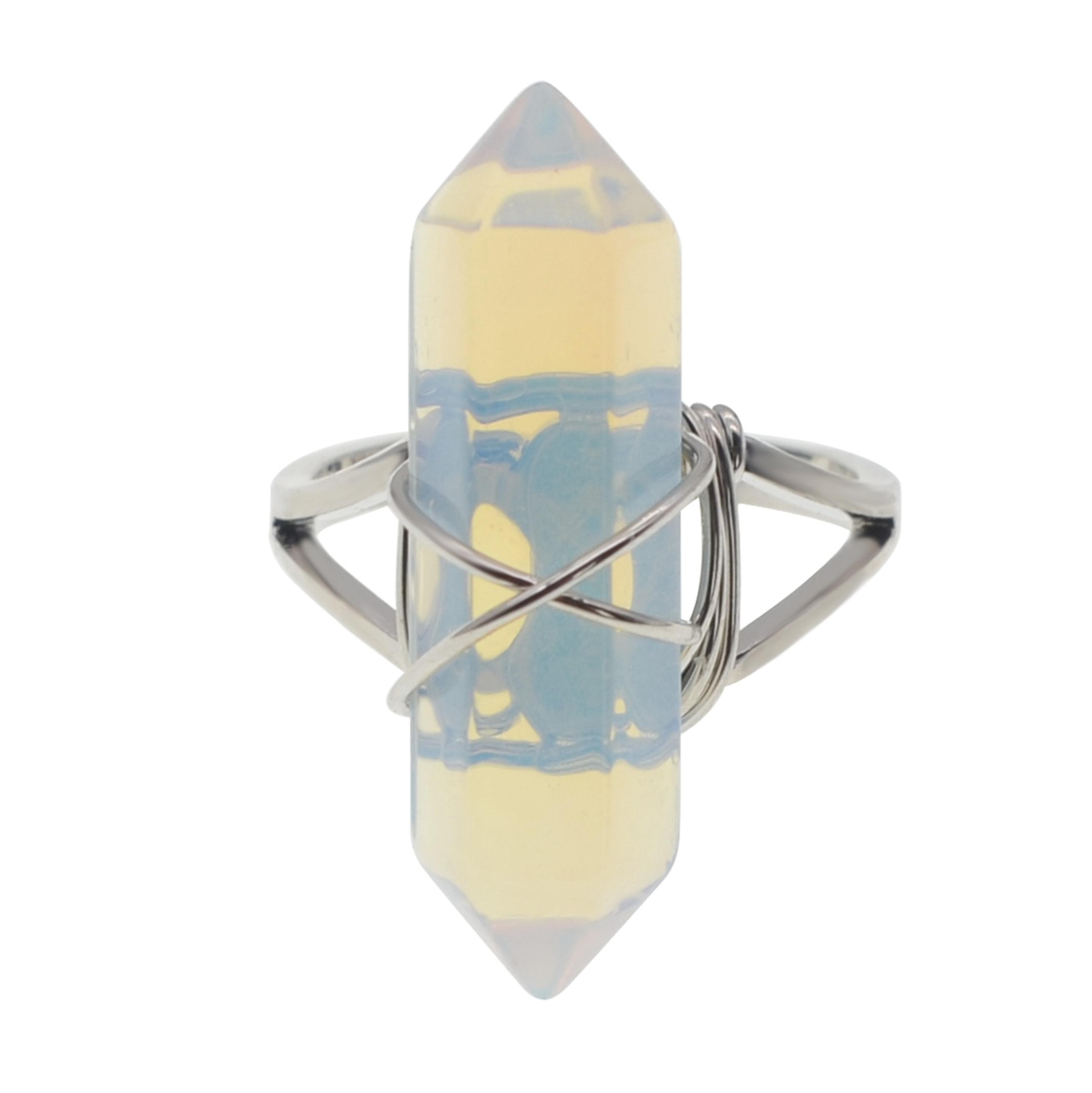 Hexagonal Prism Gemstone Beads Rings for  Women  Wrapped Silver Wire Chakra Charms Crystal Pointed Jewelry