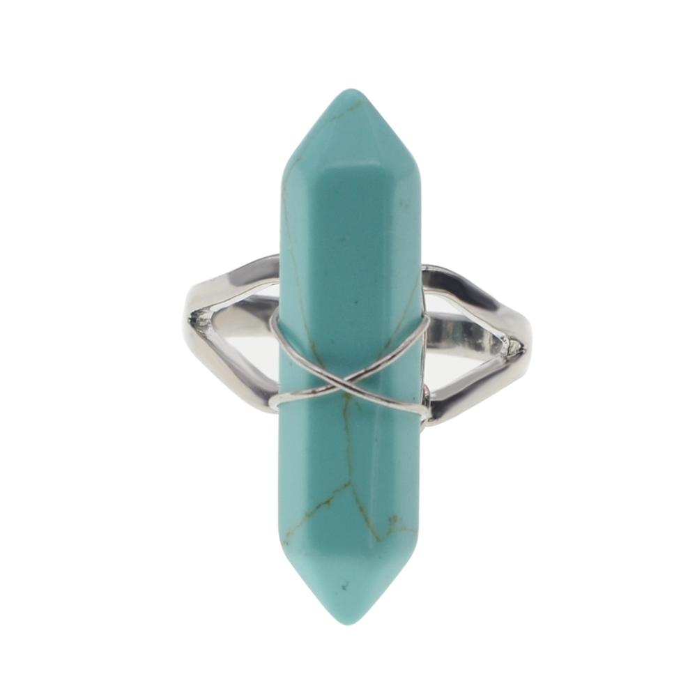 Hexagonal Prism Gemstone Beads Rings for  Women  Wrapped Silver Wire Chakra Charms Crystal Pointed Jewelry
