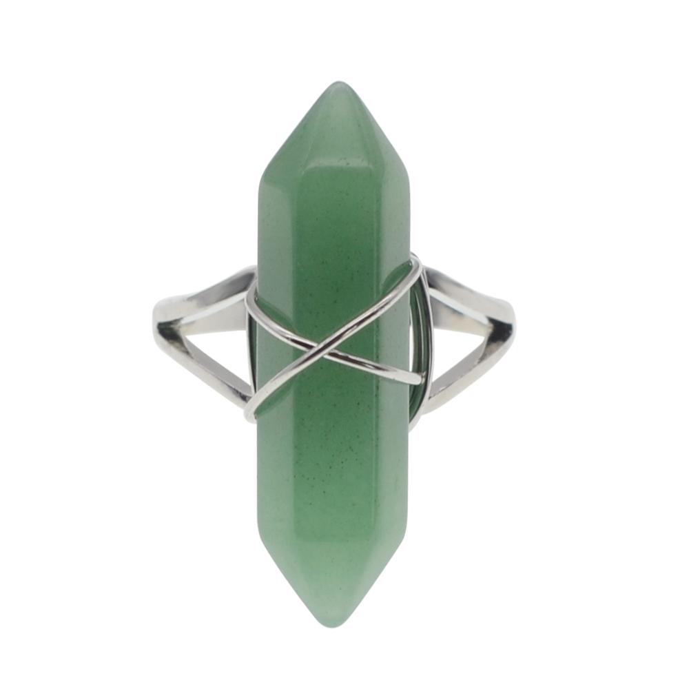 Hexagonal Prism Gemstone Beads Rings for  Women  Wrapped Silver Wire Chakra Charms Crystal Pointed Jewelry