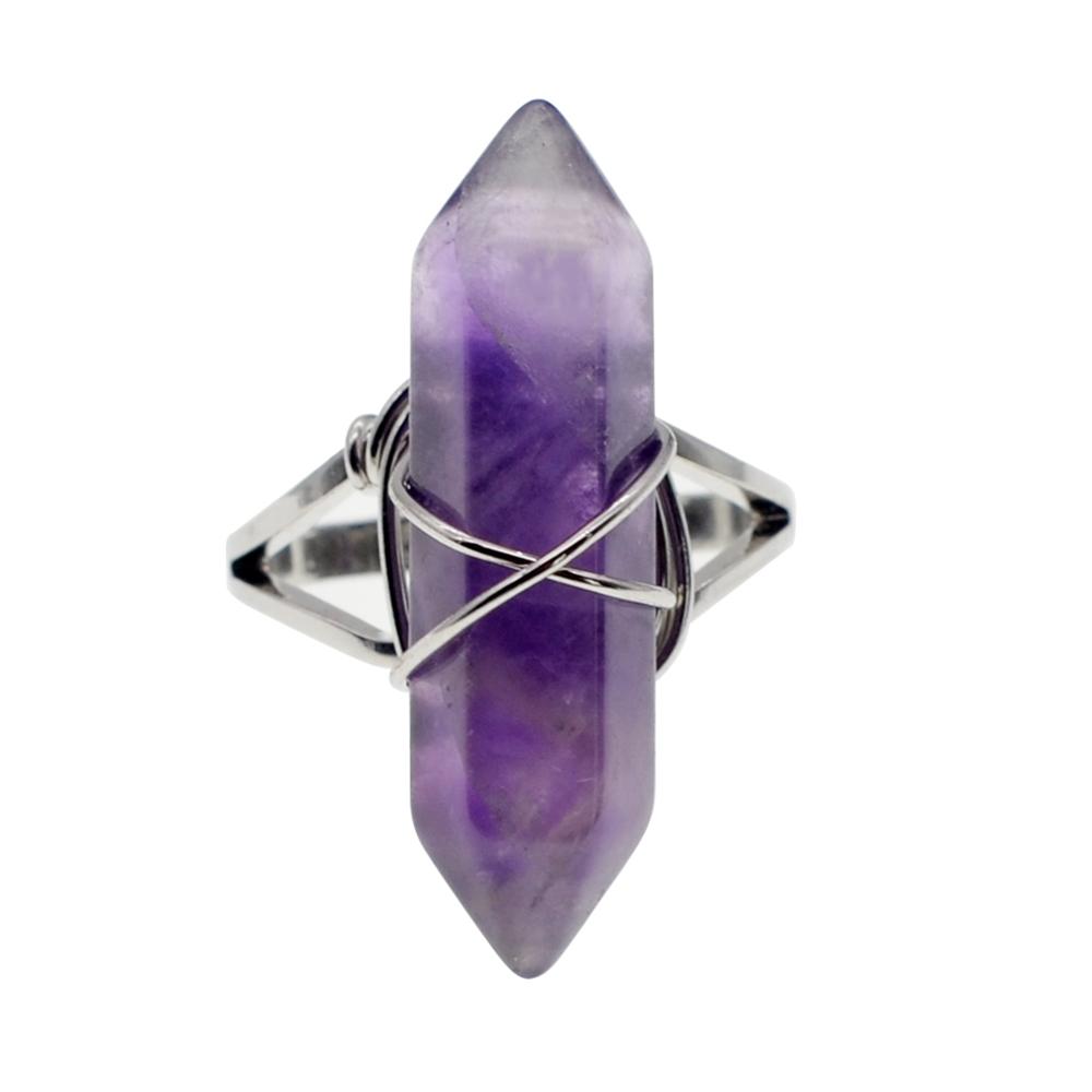 Hexagonal Prism Gemstone Beads Rings for  Women  Wrapped Silver Wire Chakra Charms Crystal Pointed Jewelry
