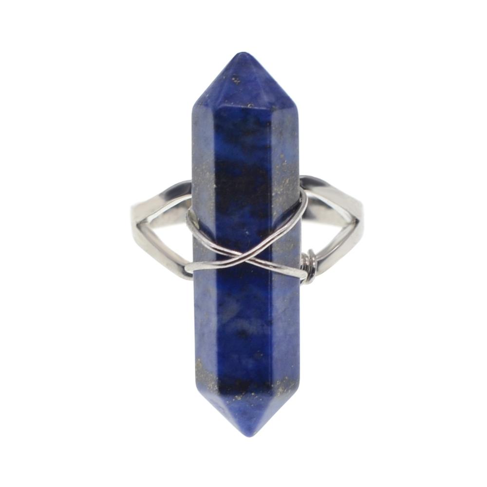 Hexagonal Prism Gemstone Beads Rings for  Women  Wrapped Silver Wire Chakra Charms Crystal Pointed Jewelry