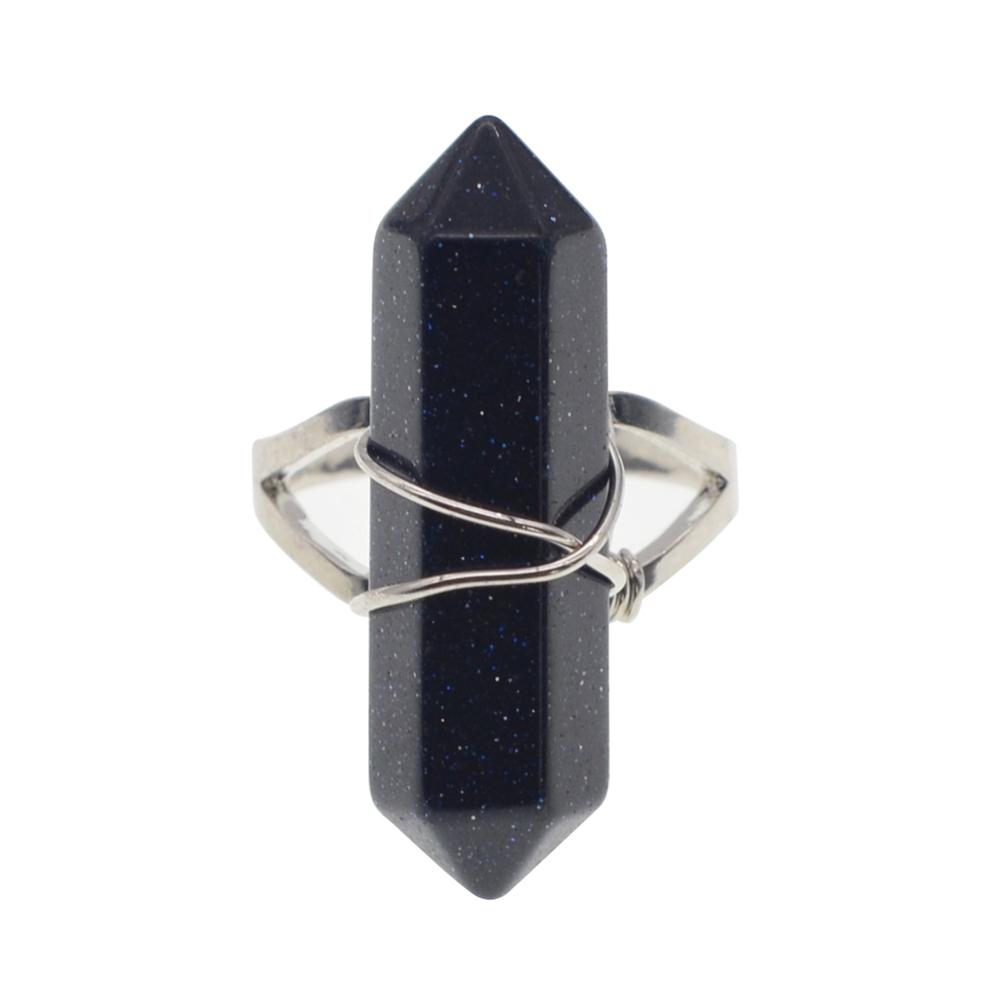 Hexagonal Prism Gemstone Beads Rings for  Women  Wrapped Silver Wire Chakra Charms Crystal Pointed Jewelry