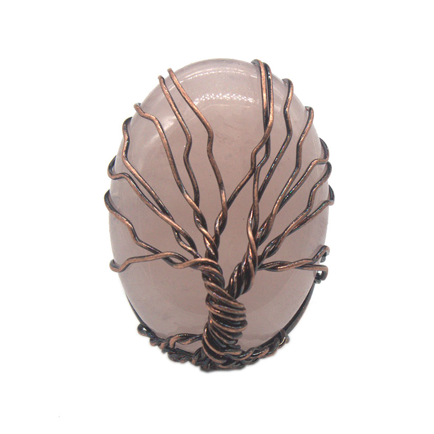 Tree of Life Oval Gemstone Healing Crystal Ring Bronze Adjustable Band Handmade Wire Wrapped  Retro Vintage Copper