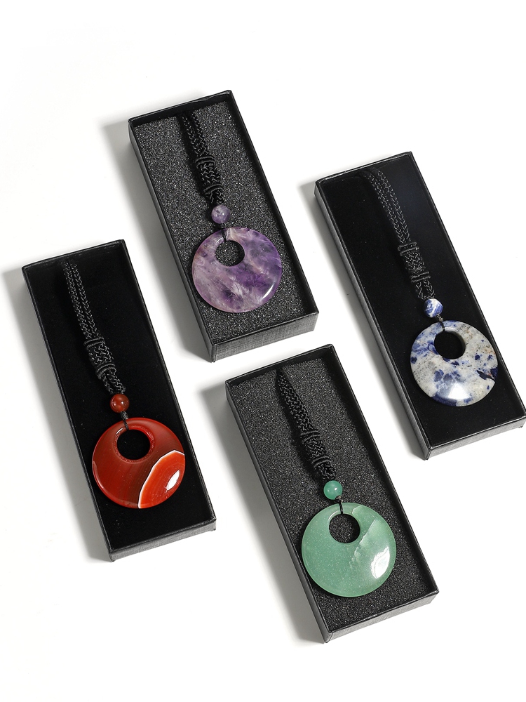 40MM Healing Crystals Necklace Natural Stone Chakra Gemstone Amulet Lucky Coin Donuts Charm Reiki Necklace for Men Women
