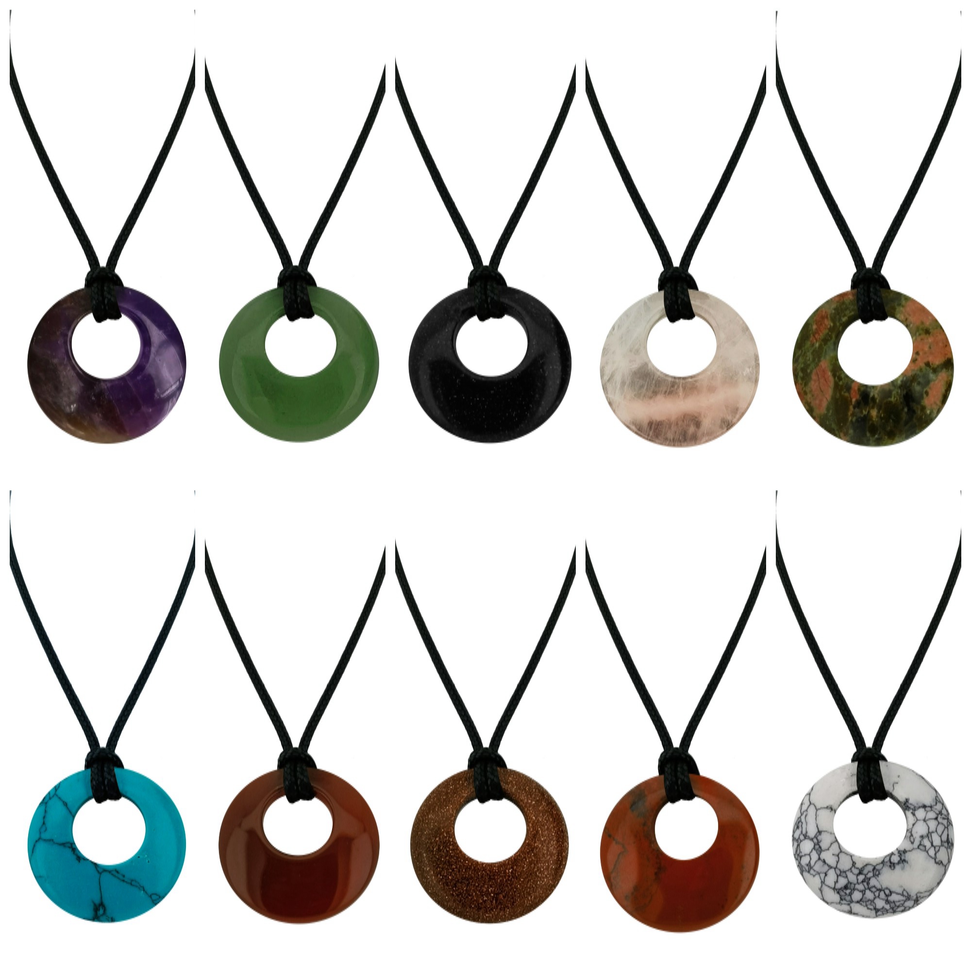 30mm Circle Donut Healing Crystals Necklace Natural Semi-Precious Chakra Gemstone Stone Amulet Lucky Coin Donuts Charm Protection Quartz Reiki Pendant Necklace for Men Women