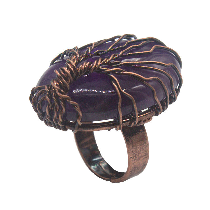Tree of Life Oval Gemstone Healing Crystal Ring Bronze Adjustable Band Handmade Wire Wrapped  Retro Vintage Copper