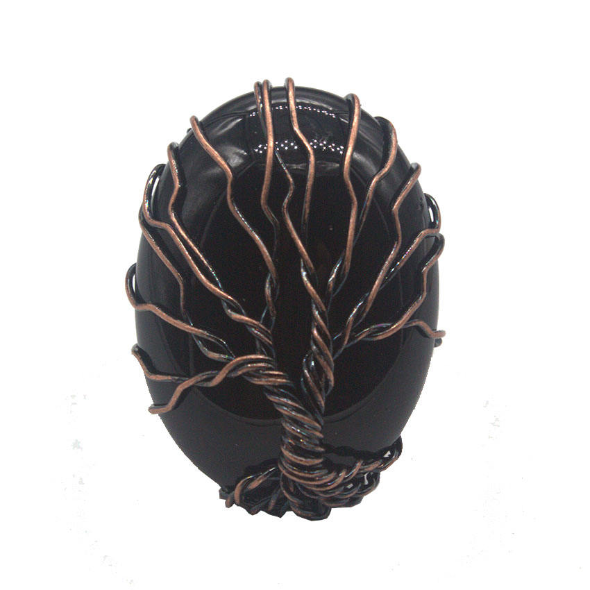 Tree of Life Oval Gemstone Healing Crystal Ring Bronze Adjustable Band Handmade Wire Wrapped  Retro Vintage Copper