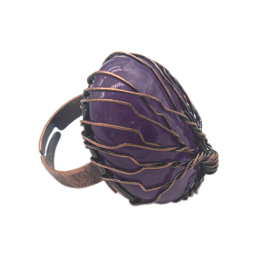 Tree of Life Oval Gemstone Healing Crystal Ring Bronze Adjustable Band Handmade Wire Wrapped  Retro Vintage Copper