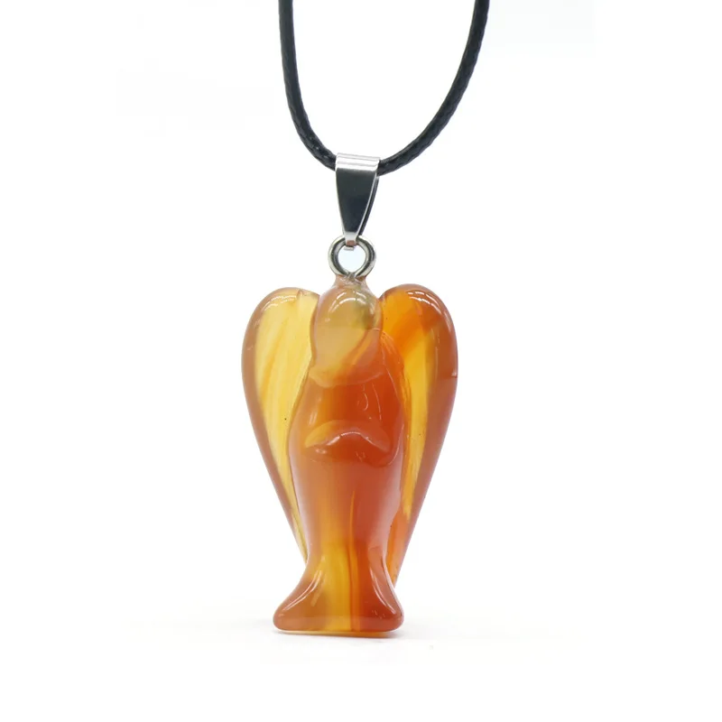 Handmade Craved Gemstone Angel Necklace for Women men 18" Black Cord  1.5Inch Crystal Angel Pendant