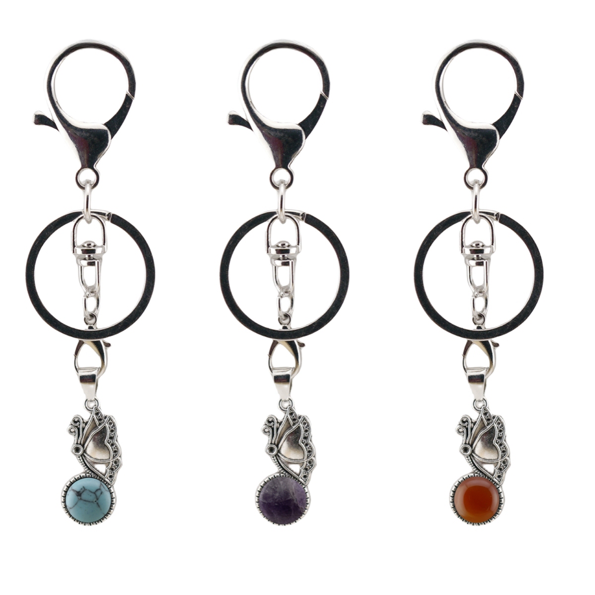 Natural Gemstone Butterfly Keychain 10MM Stone & Crystal Cabs Pendant Keyring