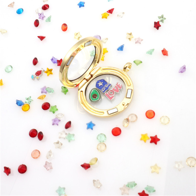 30MM Living Floating Memory Glass Locket Necklace - Stainless Steel Secure Buckle Closure Pendant with Rhinestone