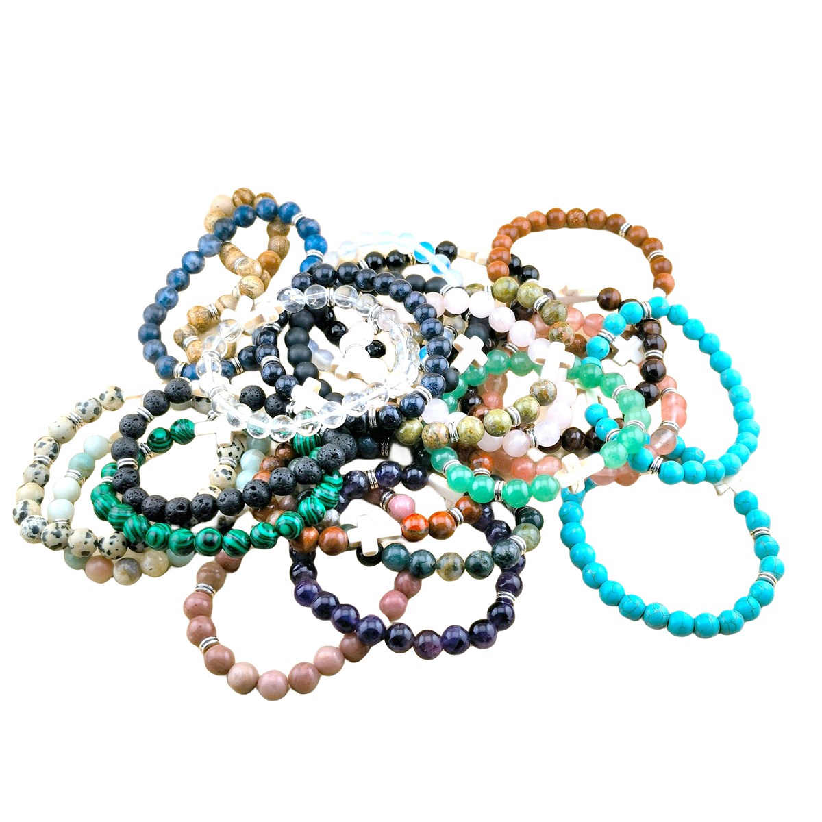 Natural Gemstone Cross Stretch Bracelets for Women Men 8MM Semi Preicous Stone Beads
