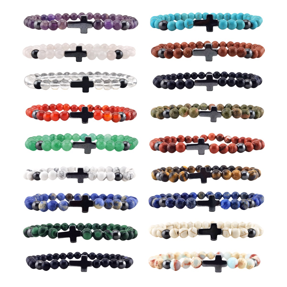 Hematite Cross 6MM Gemstone Beads Stretch Bracelets