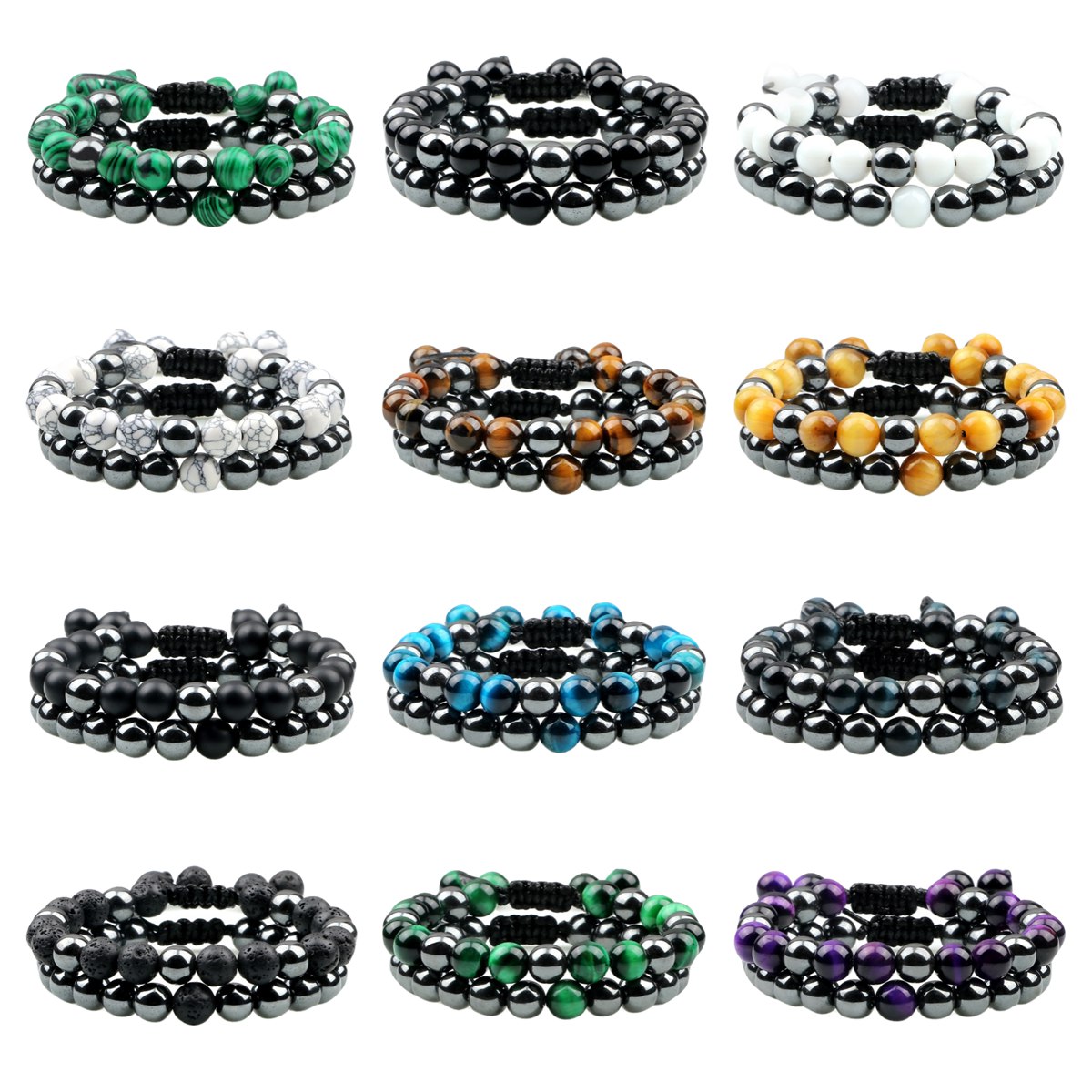 Couple Gemstone Set Bracelets Hematite and Natural Stone Adjustable Woven Bracelets