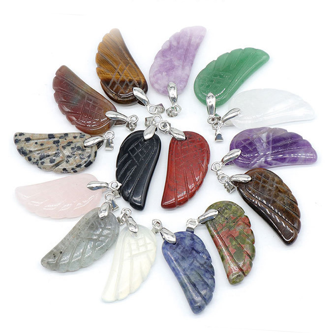 Handmade Craved Gemstone Wing Pendant SP0677-16X30MM  Silver Clasp