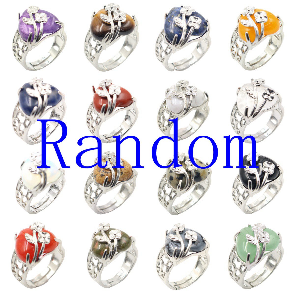 Silver 16MM Heart Stone Rings for Women Men Adjustable  SR0140S