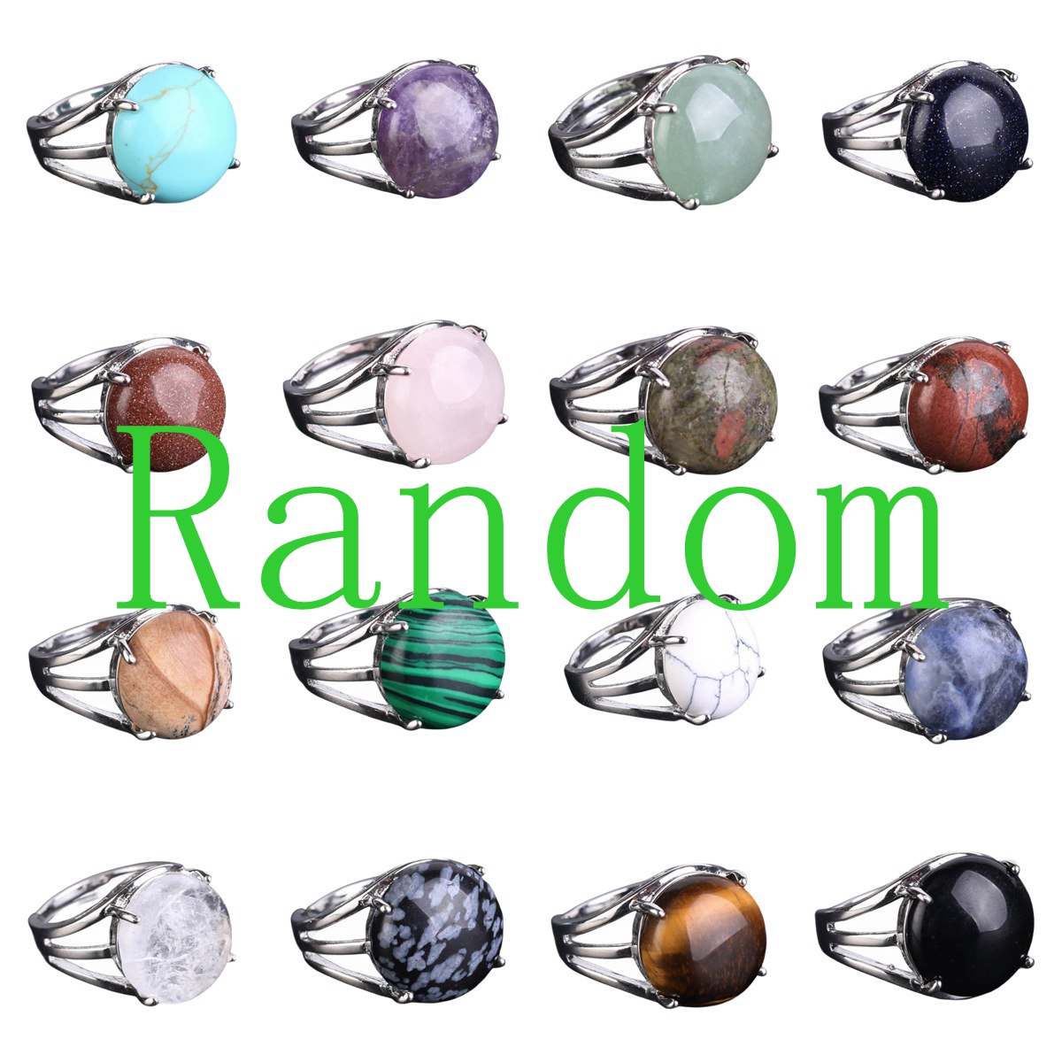 Silver 16MM CAB Stone Rings for Women Men Adjustable SR0152S