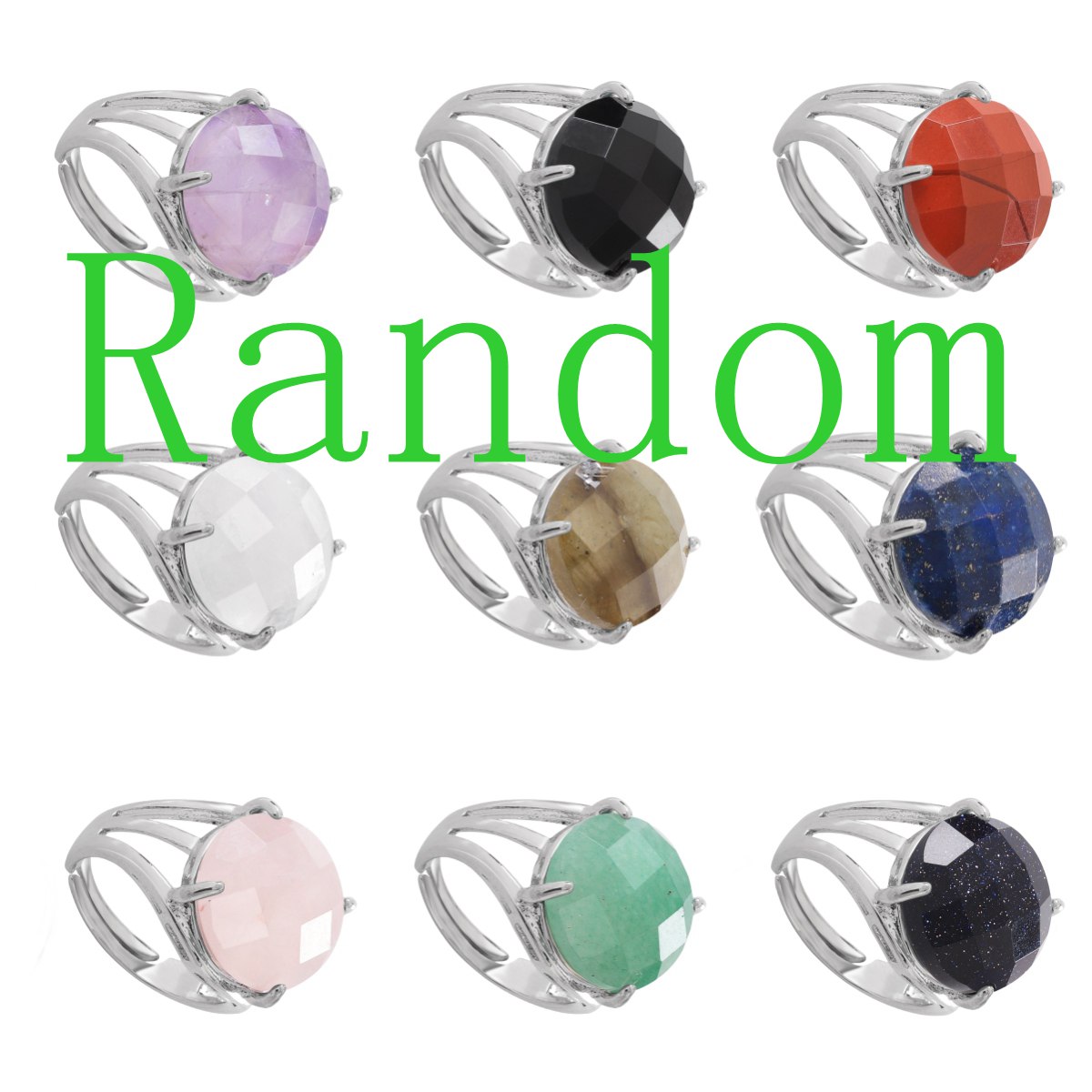 Silver Stone Rings for Women Men Adjustable  16MM Faceted CAB Gemstone SR0153S  