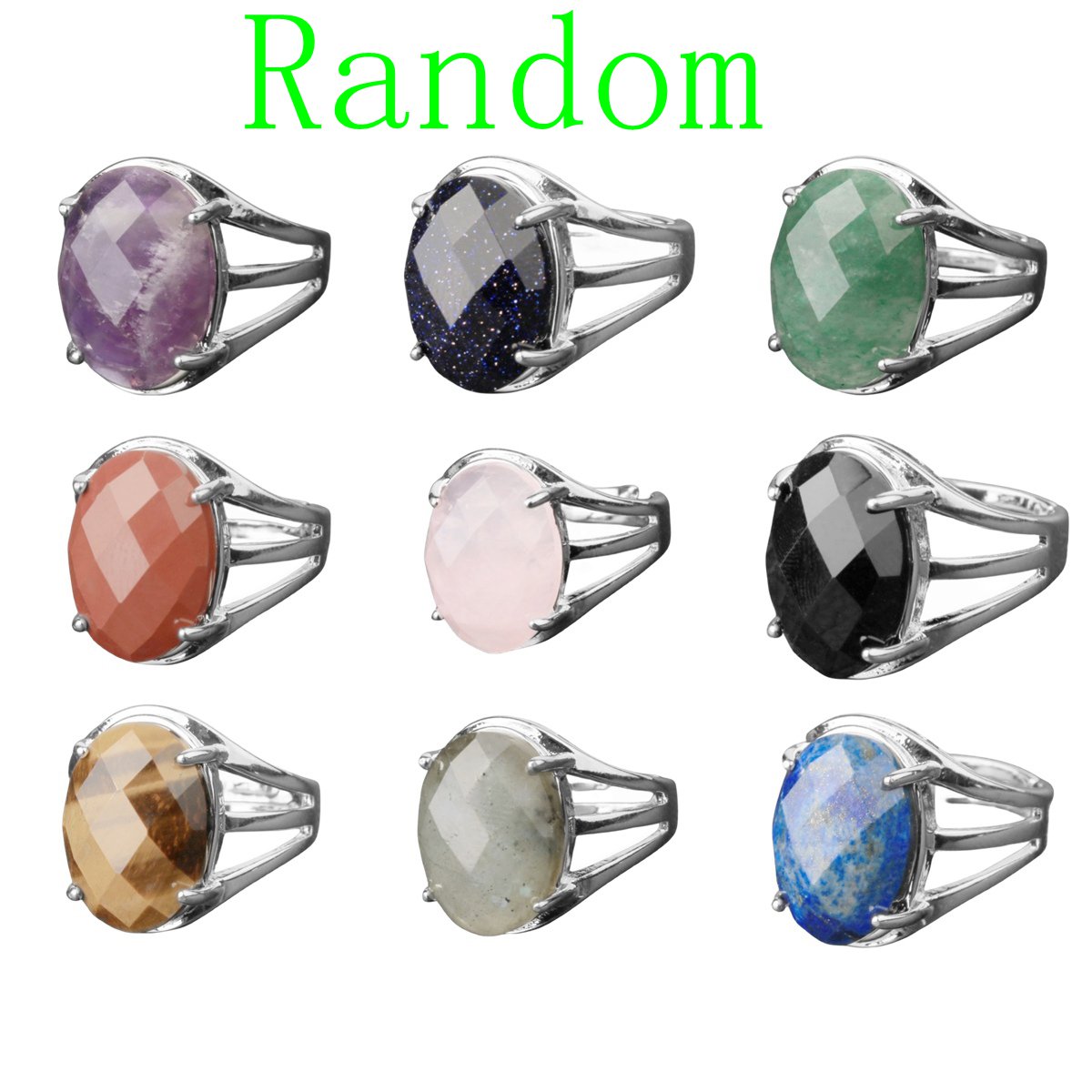 Silver Stone Rings for Women Men Adjustable 13X18MM Faceted Oval Gemstone CAB SR0155S