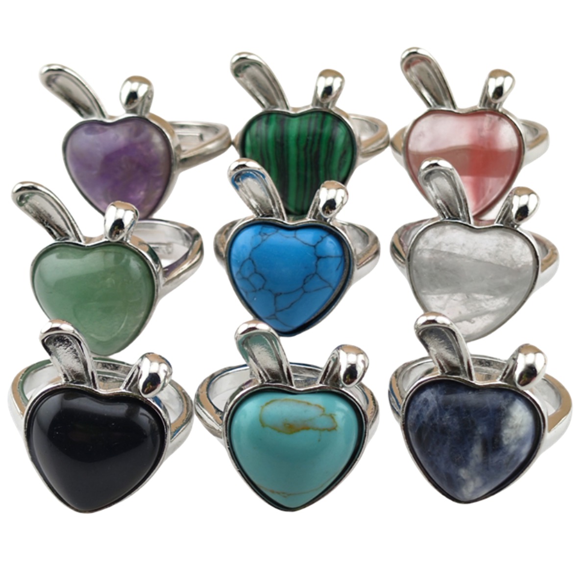 Silver Rabbit Stone Rings for Women Girl Adjustable 15MM Heart Gemstone Cabochons Rings SR0180S