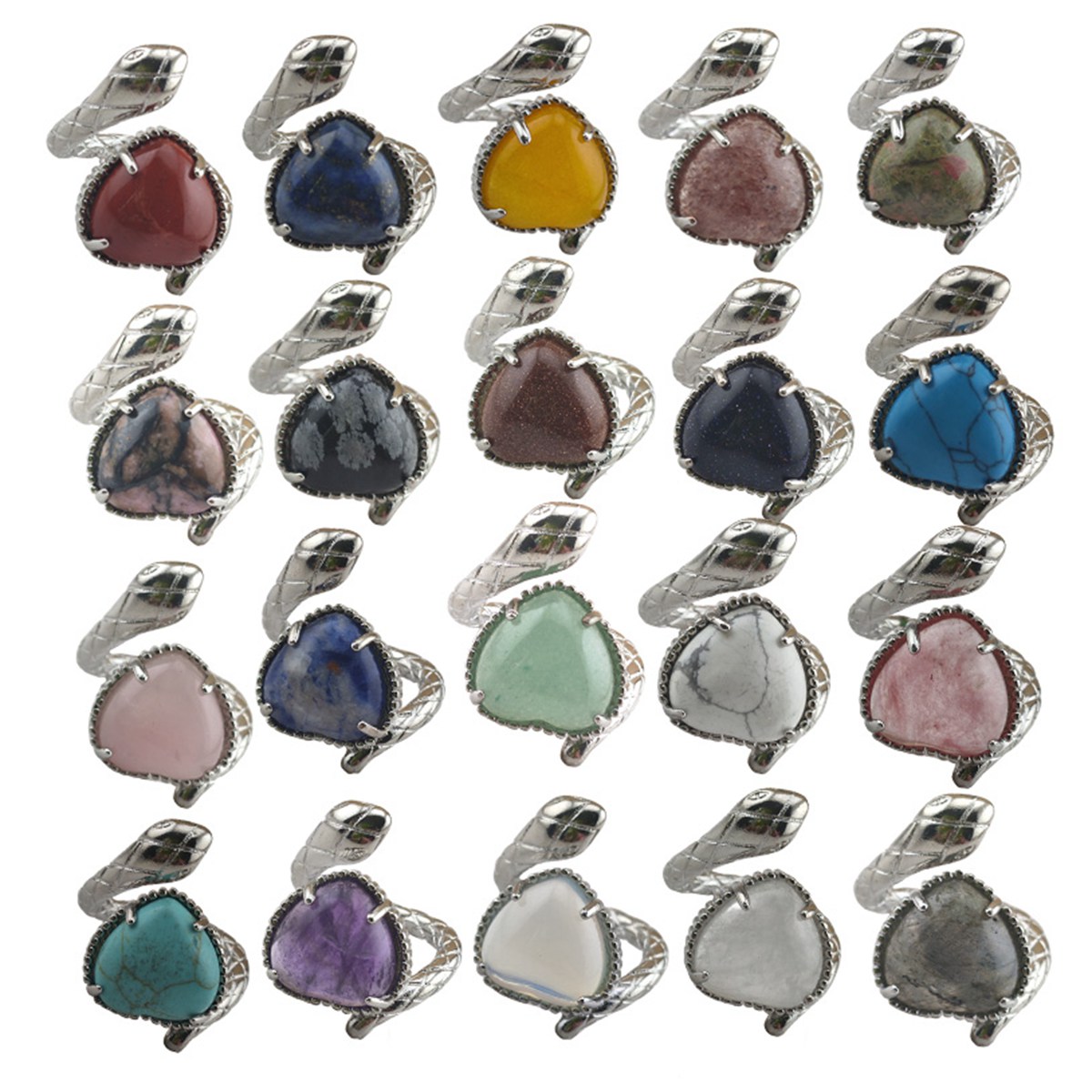 Silver Snake Stone Rings for Women Girl Adjustable 15MM Heart Gemstone Cabochons Rings SR0181S