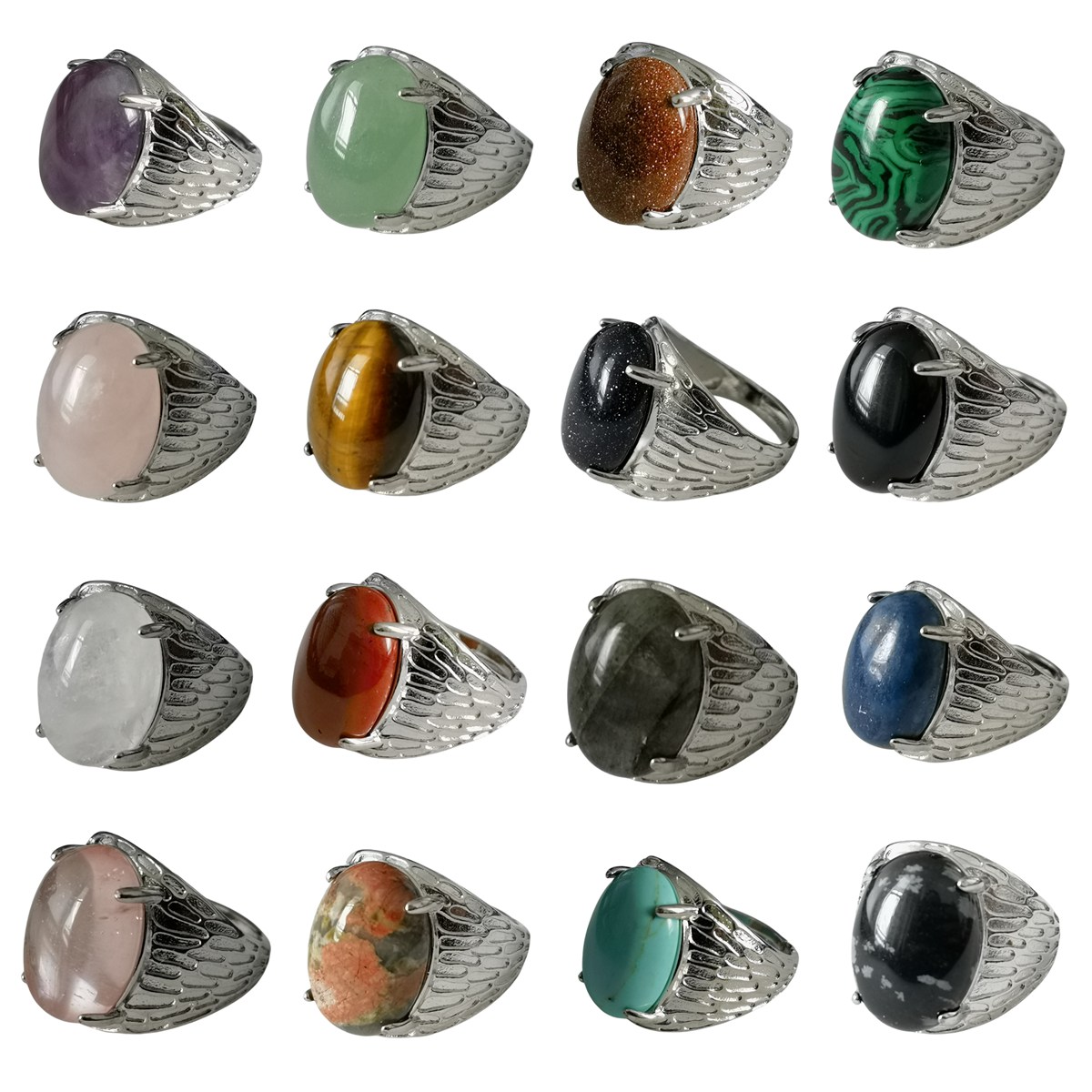 Silver Stone Rings for Women Men Adjustable 13x18MM Oval Gemstone CAB SR0183S