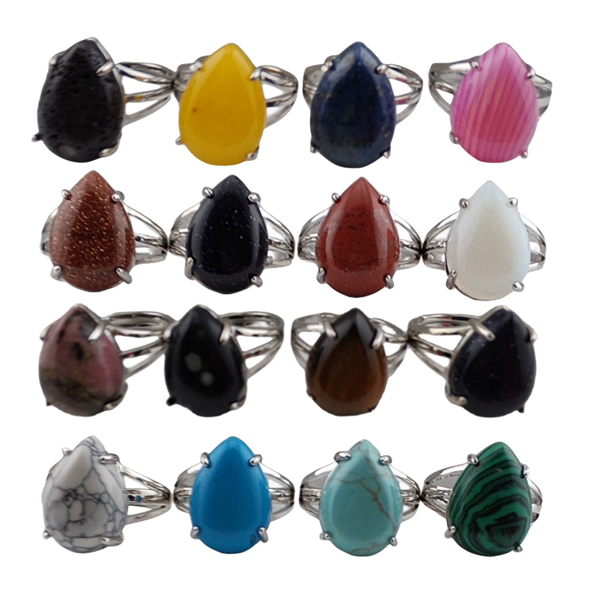 Silver Stone Rings for Women Men Adjustable 13x18MM Teardrop Gemstone Cabochons SR0185S