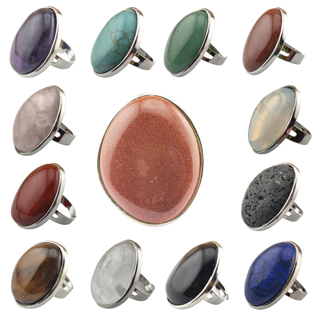 Silver Women Stone Rings Adjustable 25X30MM Gemstone Cabochons SR0188S