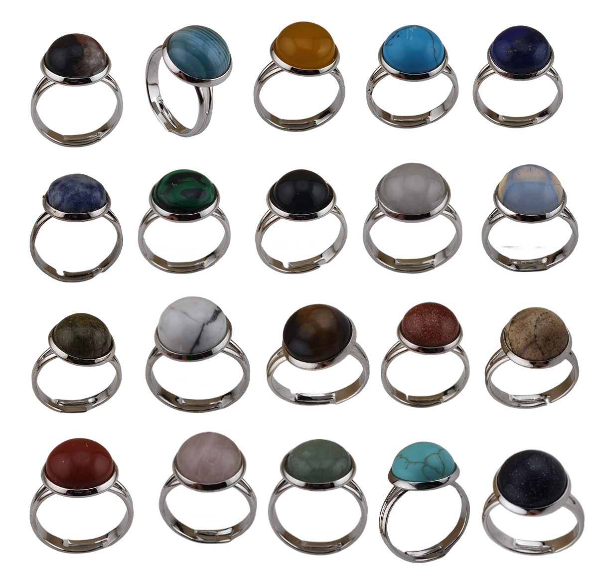Silver Women 12MM Gemstone Rings Adjustable SR0189S