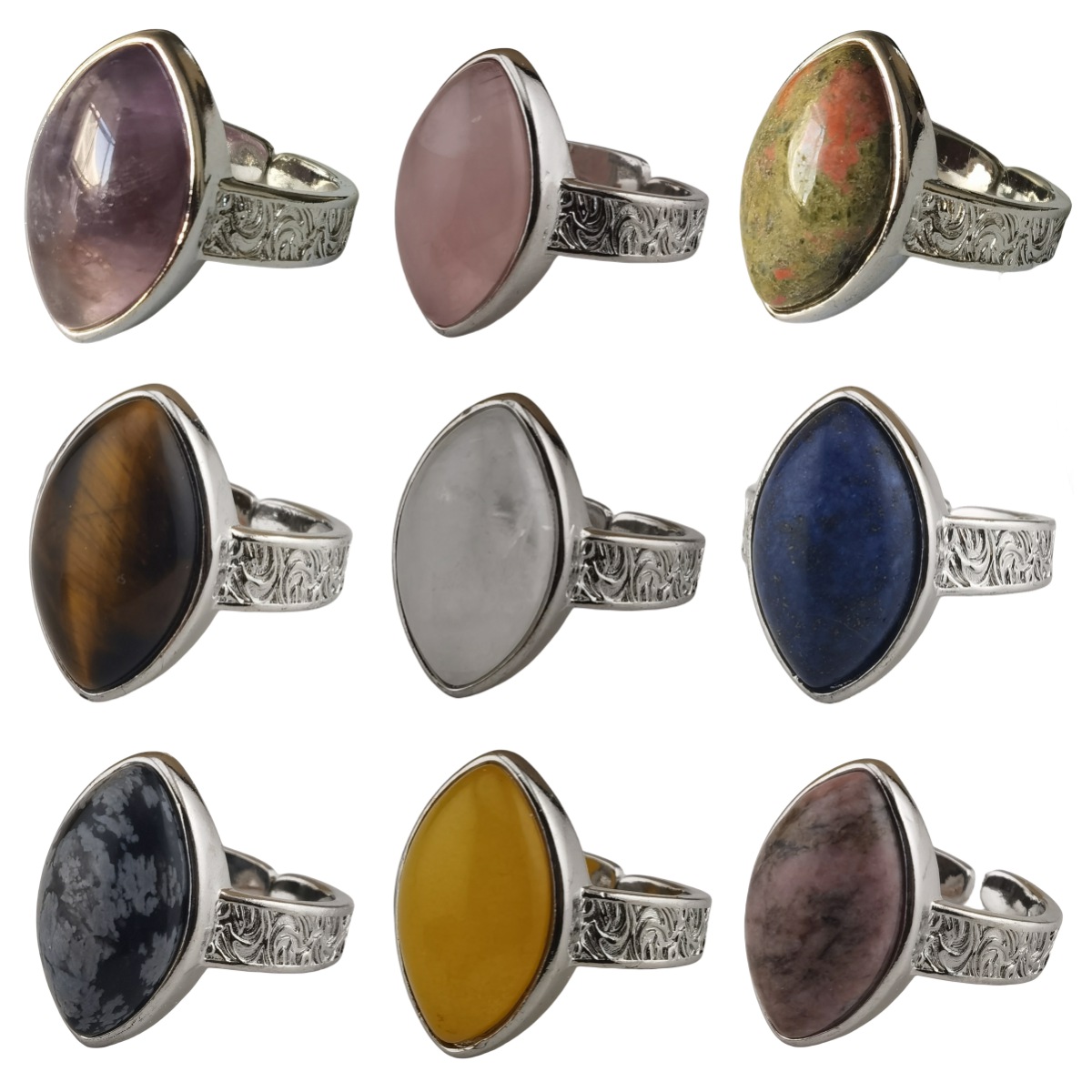 Women Silver Stone Rings Adjustable with 12x20MM Horse Eye Gemstone CAB SR0191S