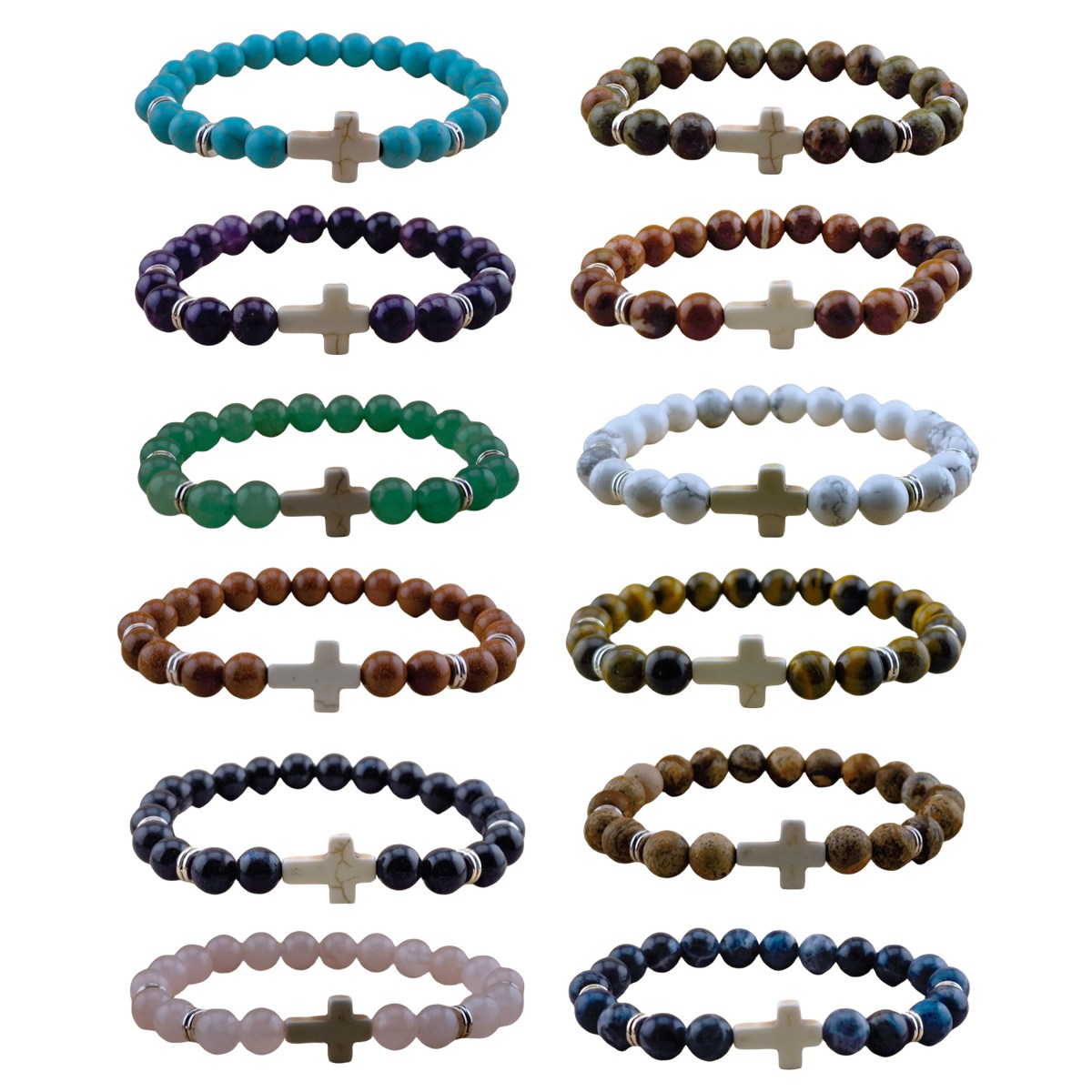 Natural Gemstone Cross Stretch Bracelets for Women Men 8MM Semi Preicous Stone Beads