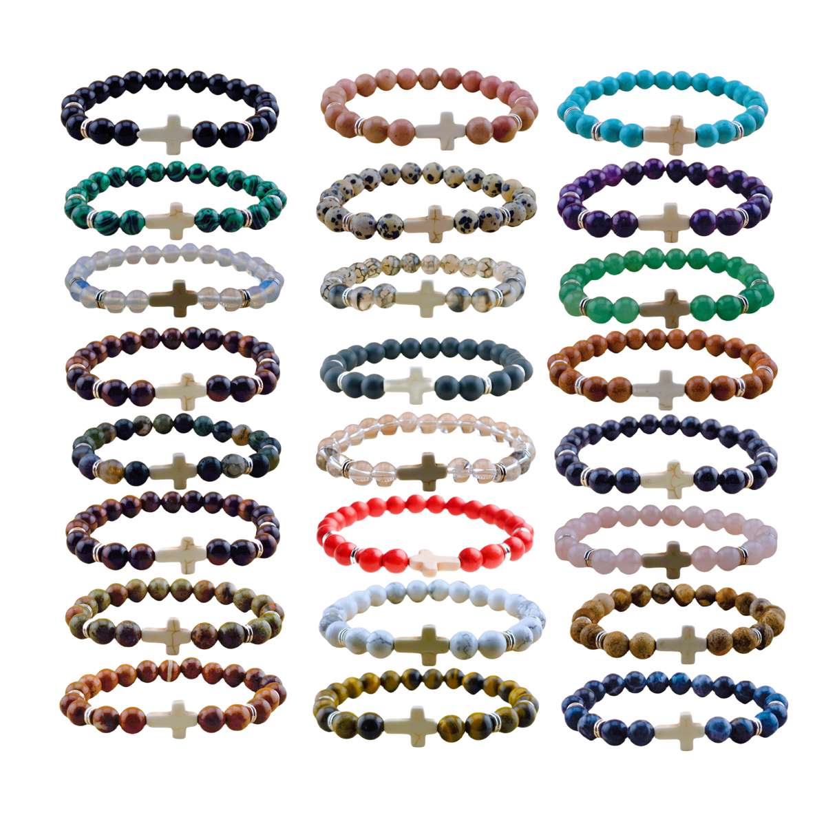 Natural Gemstone Cross Stretch Bracelets for Women Men 8MM Semi Preicous Stone Beads