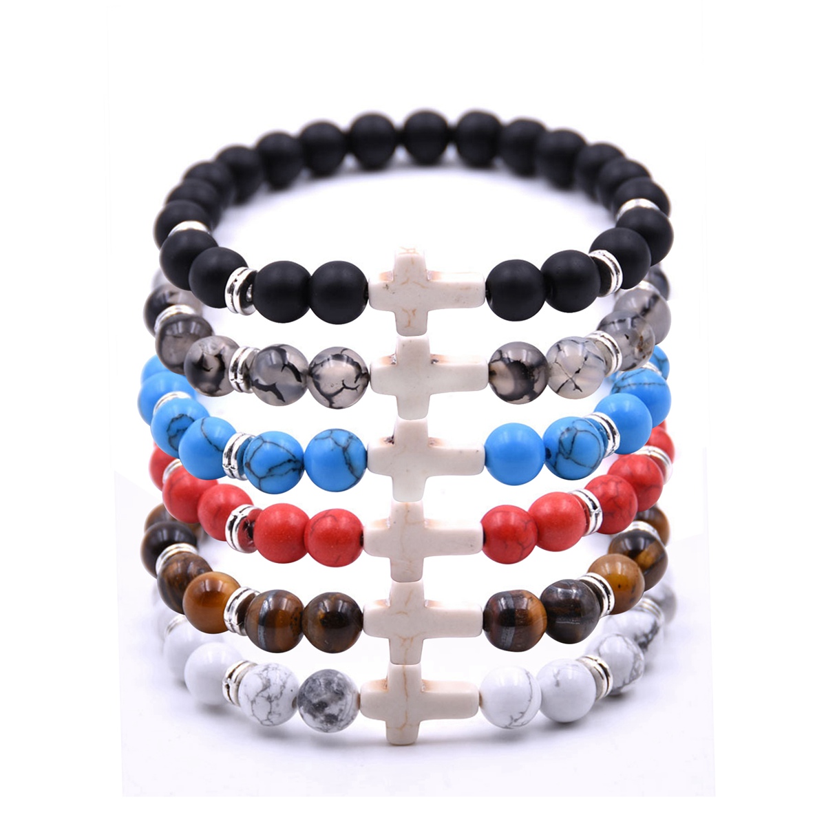 Natural Gemstone Cross Stretch Bracelets for Women Men 8MM Semi Preicous Stone Beads