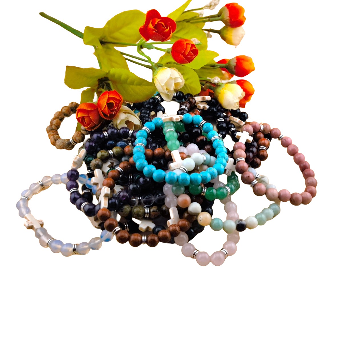Natural Gemstone Cross Stretch Bracelets for Women Men 8MM Semi Preicous Stone Beads
