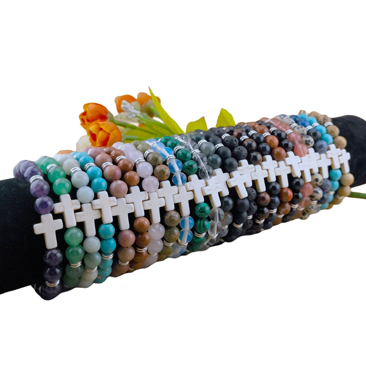 Natural Gemstone Cross Stretch Bracelets for Women Men 8MM Semi Preicous Stone Beads