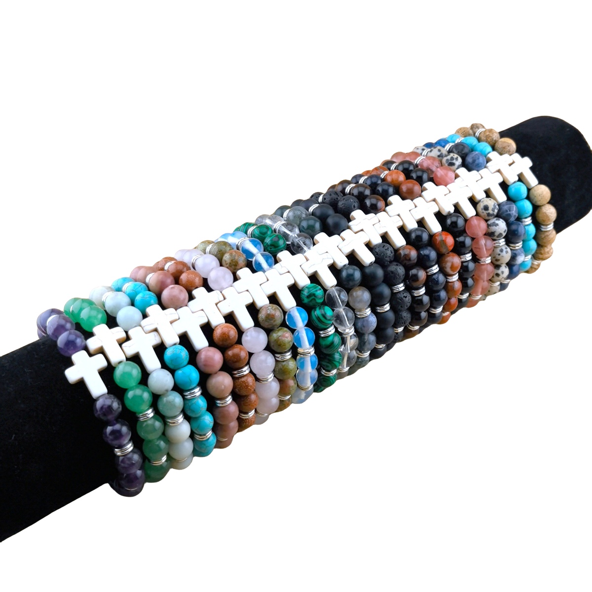 Natural Gemstone Cross Stretch Bracelets for Women Men 8MM Semi Preicous Stone Beads