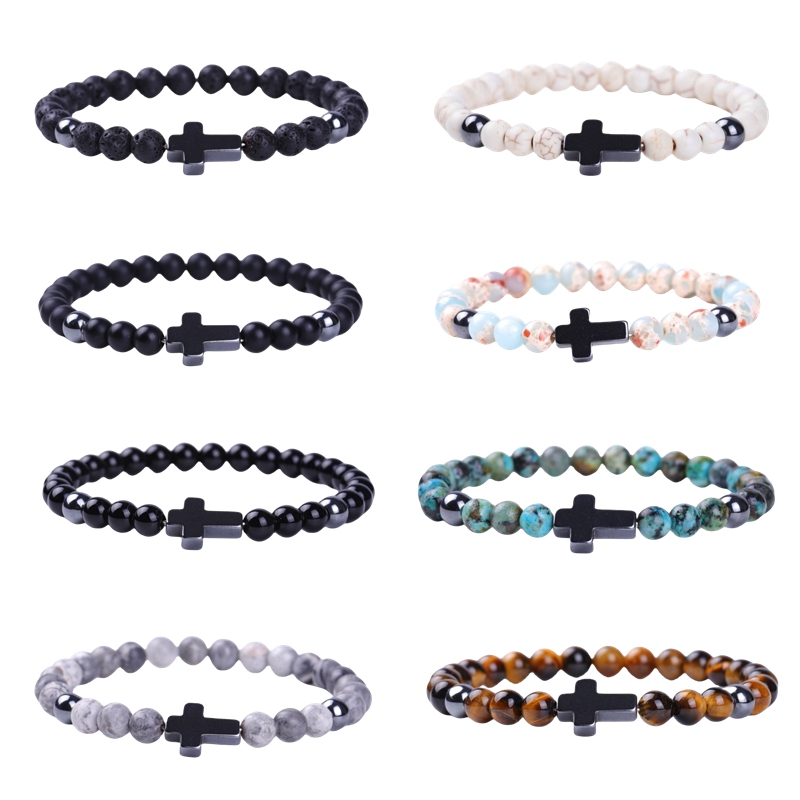 Hematite Cross 6MM Gemstone Beads Stretch Bracelets