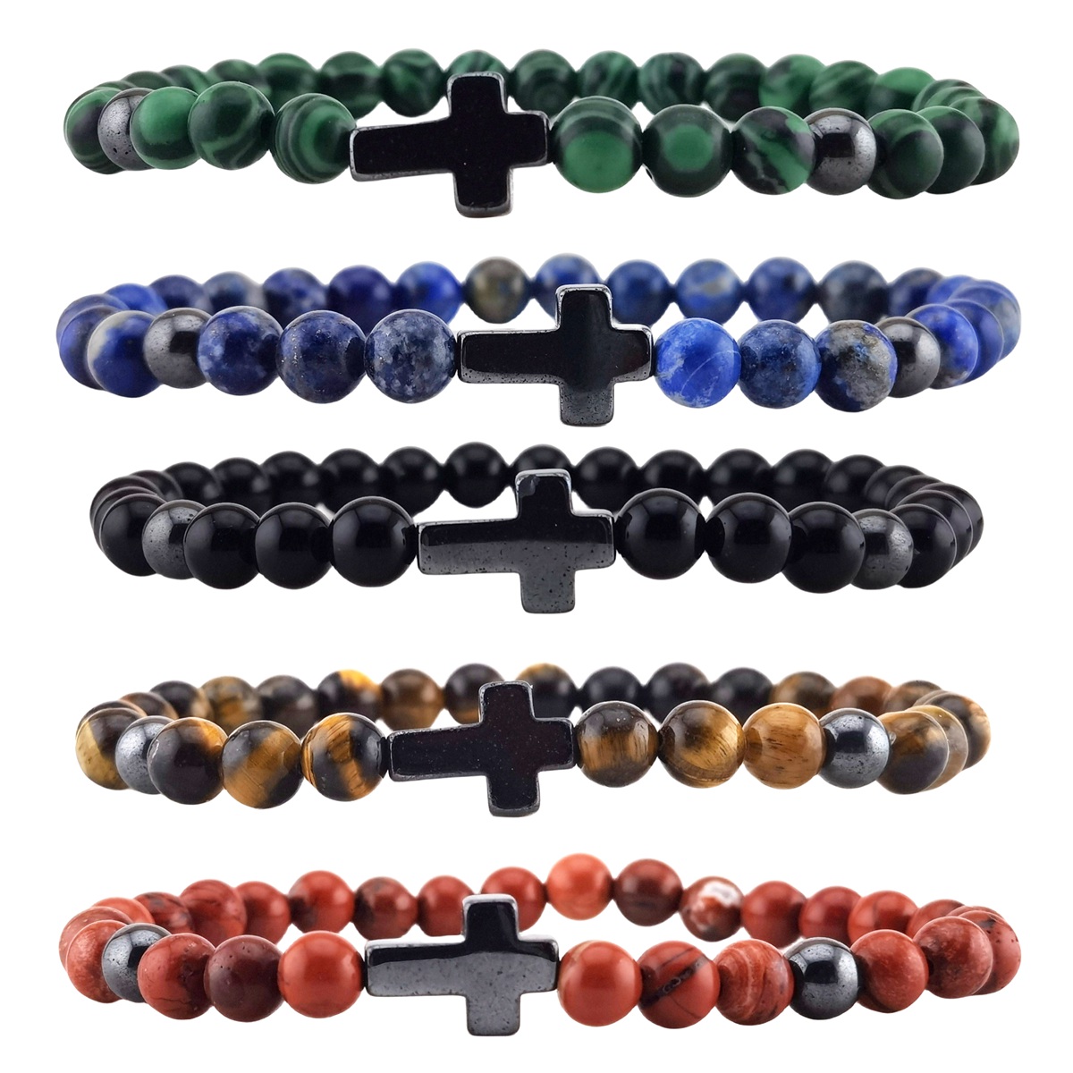 Hematite Cross 6MM Gemstone Beads Stretch Bracelets