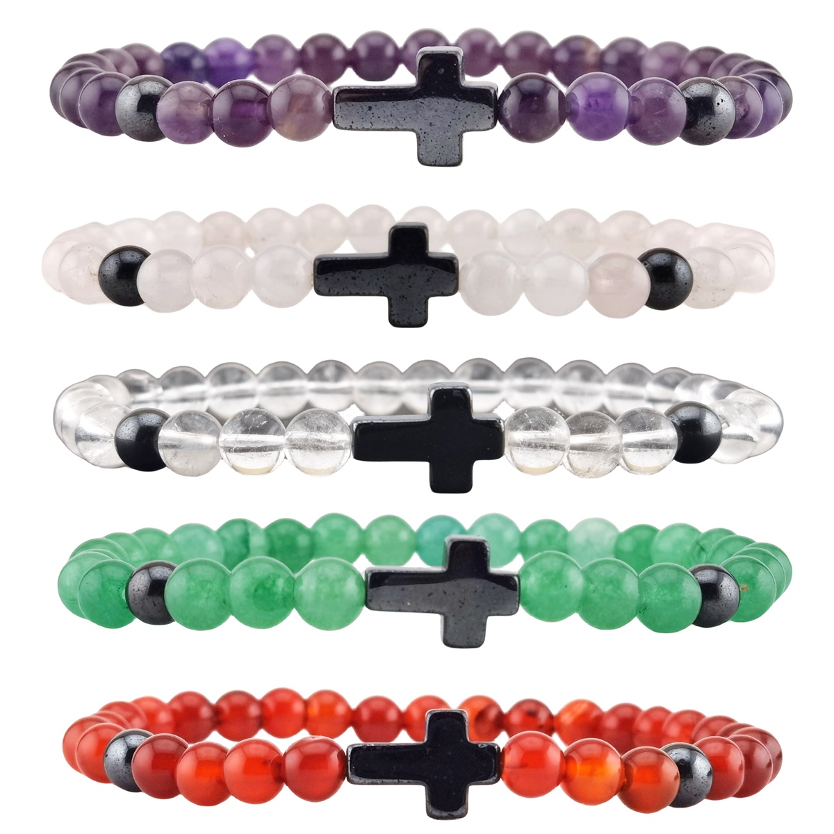 Hematite Cross 6MM Gemstone Beads Stretch Bracelets