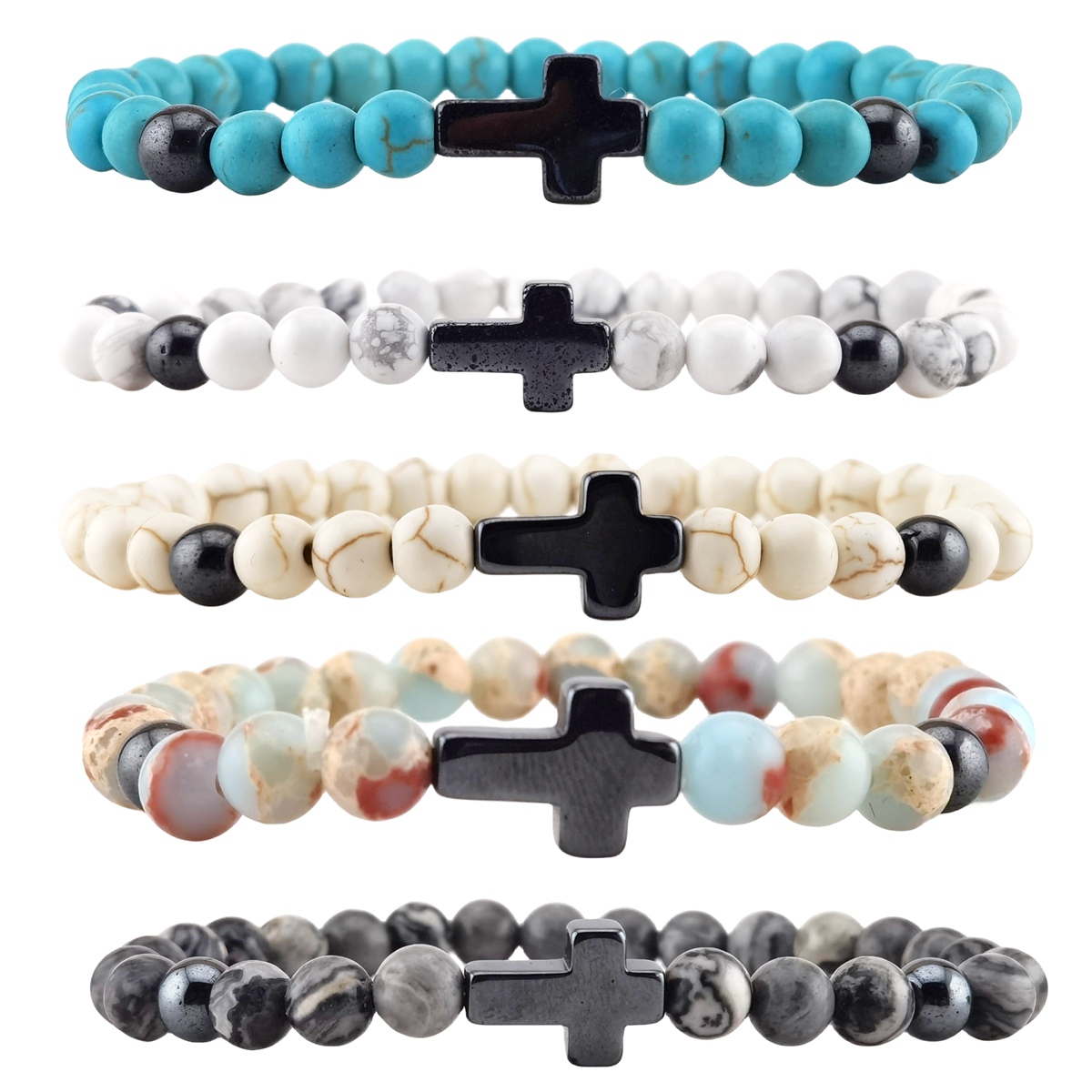 Hematite Cross 6MM Gemstone Beads Stretch Bracelets